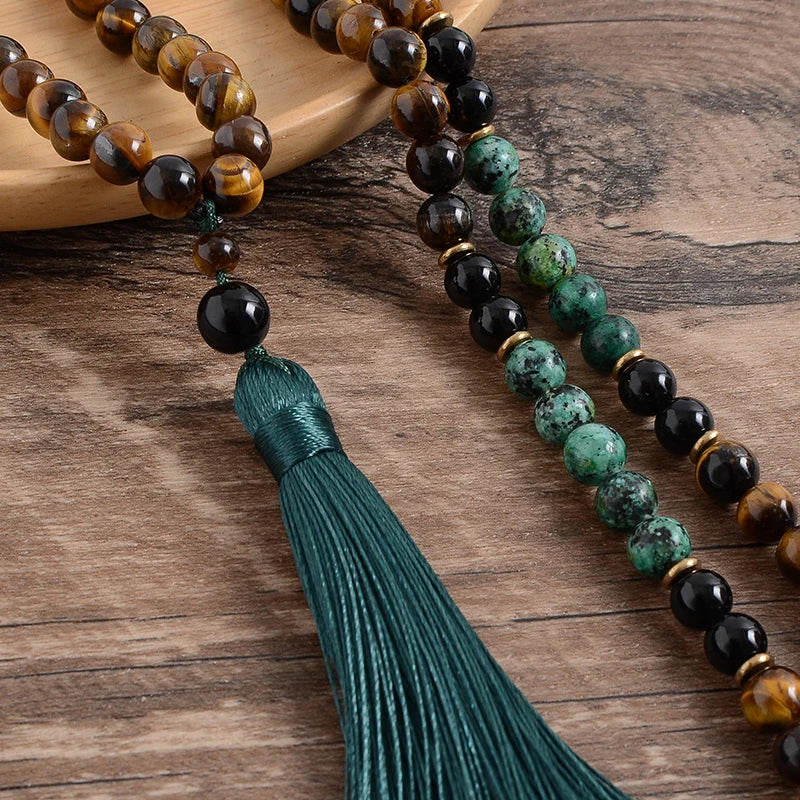 8mm Yellow Tiger Eyes Turquesa Africana Black Onyx Japamala 108 Mala Beaded Tassel Necklace