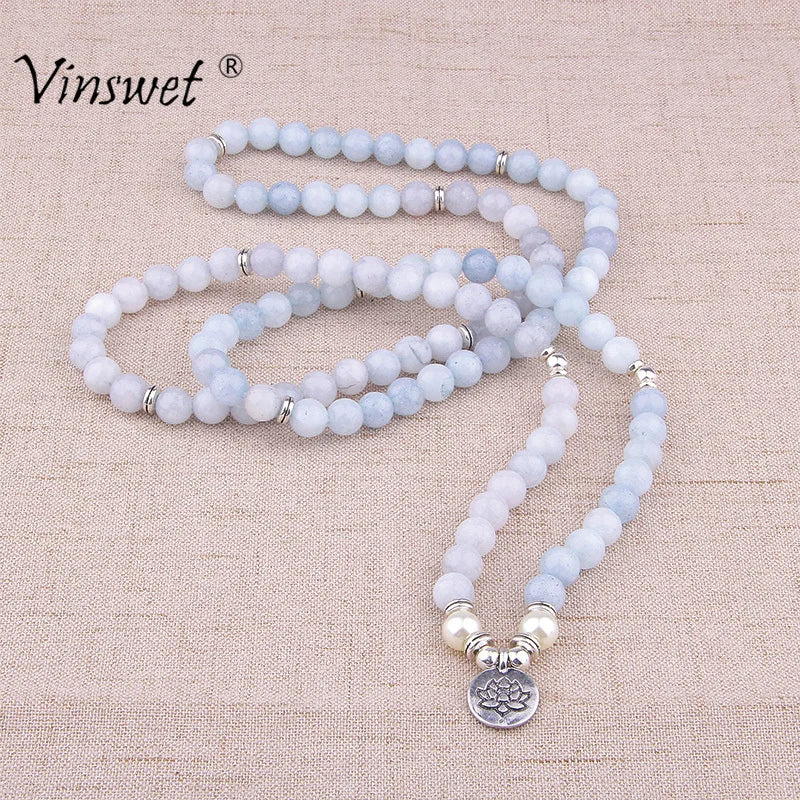 Mala 108 Natural Stone Beads Aquamarin with Lotus Charm Yoga Bracelet