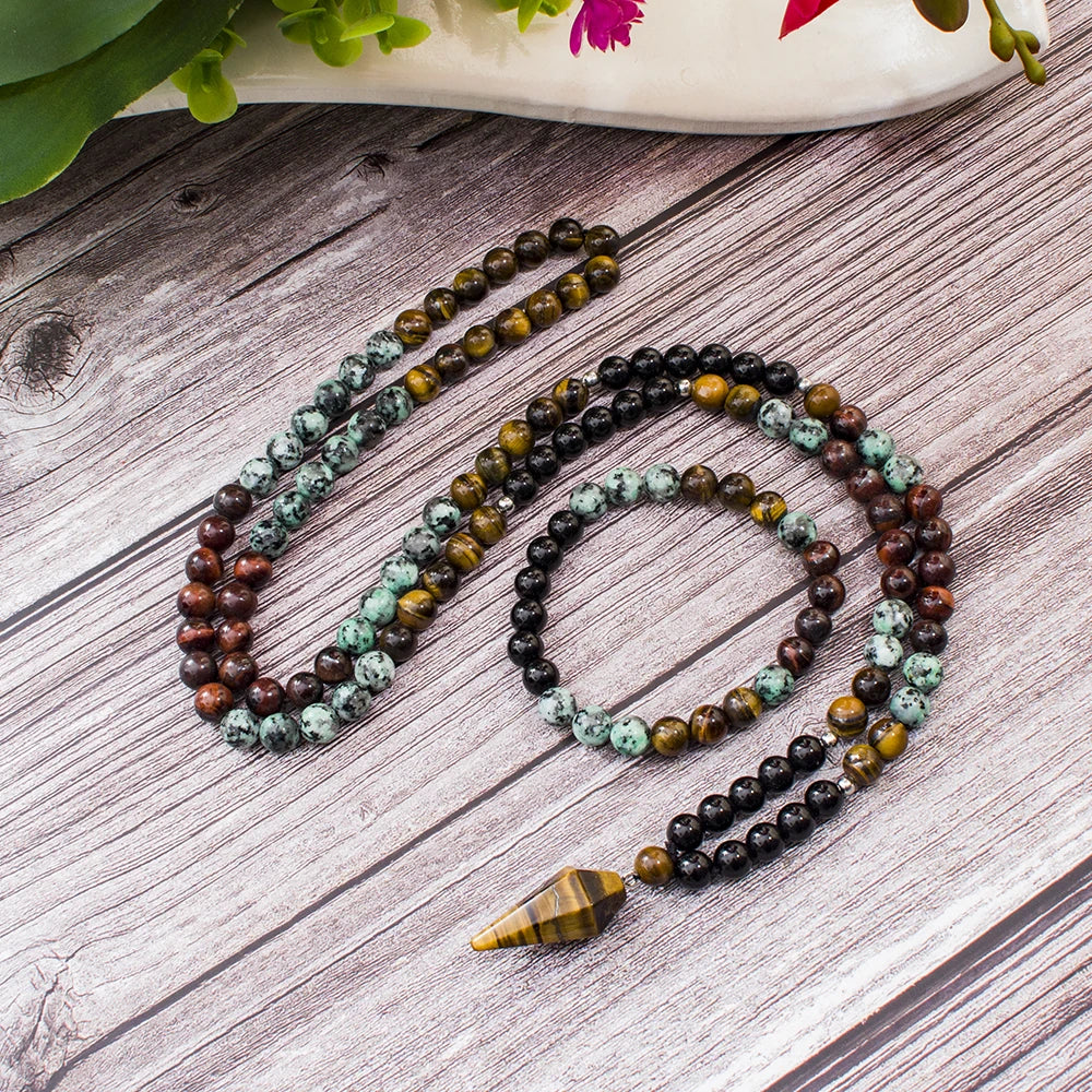 8mm Black Onyx African Turquoise Beads 108 Mala Necklace