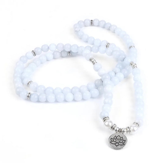 Mala 108 Natural Stone Beads Aquamarin with Lotus Charm Yoga Bracelet